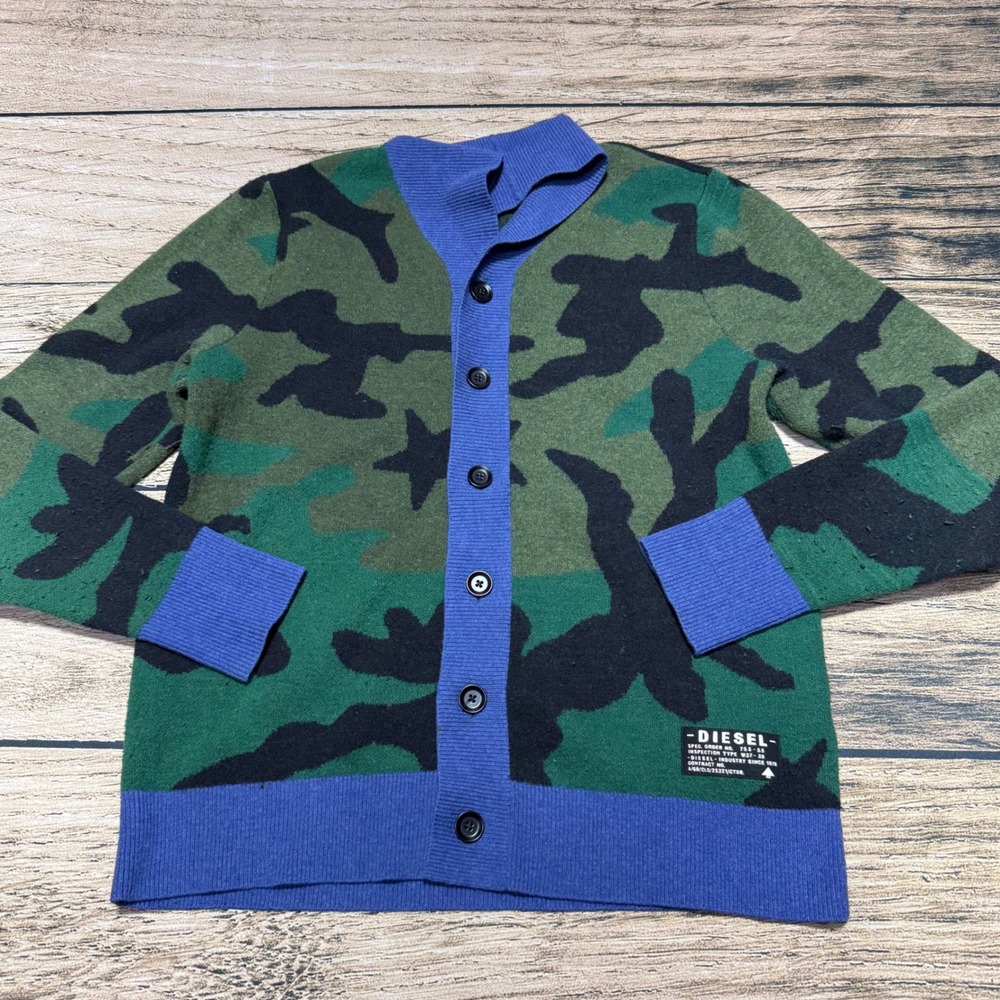 Diesel Cardigan Youth 16 Green Camo Wool Blend Button Front Shawl Collar Sweater